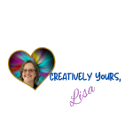 Image of Lisa in a heart with a colorful background. Creatively yours, Lisa