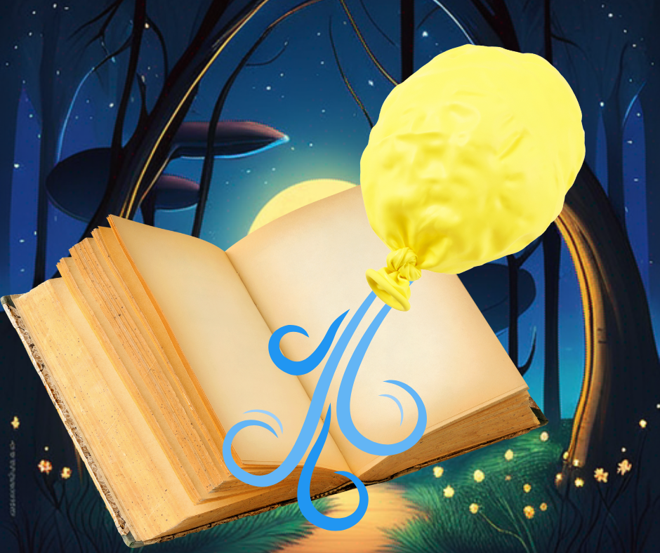 A large open book over an (AI generated) imaginative background, with a yellow balloon deflating over it. 