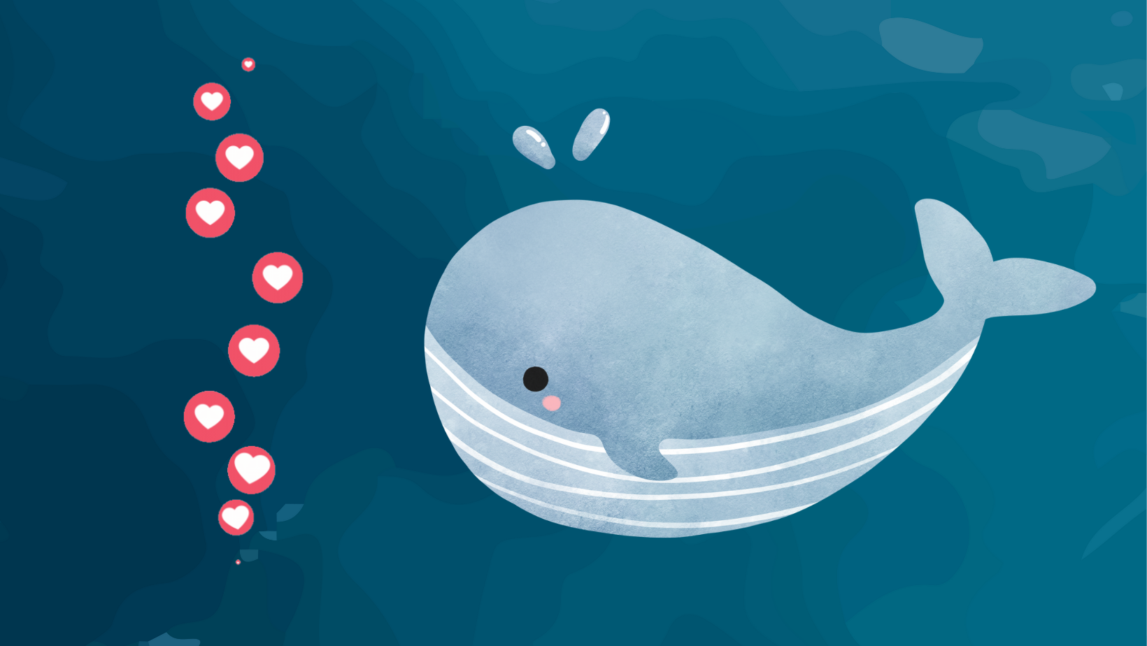 A whale in a blue ocean with red heart bubbles. 